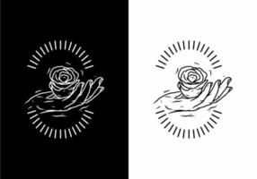 arte lineal en blanco y negro de una mano sosteniendo una rosa vector