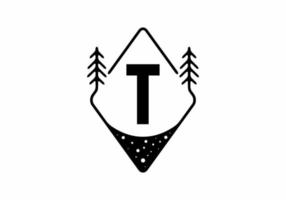 Black line art badge with pine trees and T letter