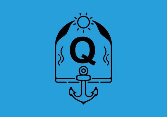 Black line art illustration of Q initial letter in anchor frame