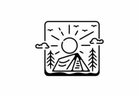 Black line art illustration of camping badge in square shape vector