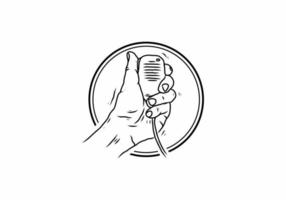 Black line art illustration drawing of hand holding radio microphone vector
