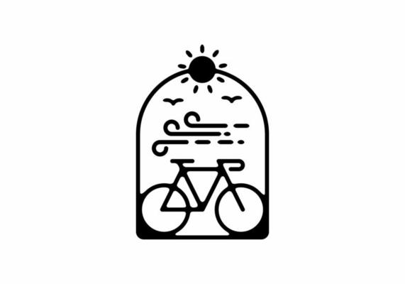 Black line art illustration of bicycle in window frame shape