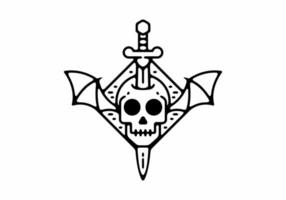 Black line art drawing of skull head with sword and wings vector