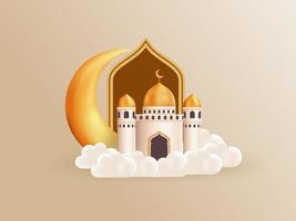 Banner de vacaciones musulmanas 3d con luna creciente y mezquita para ramadán y eid mubarak vector