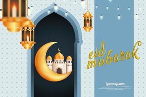 Crescent Moon with Mosque and Lantern, Eid Mubarak Greetings vector