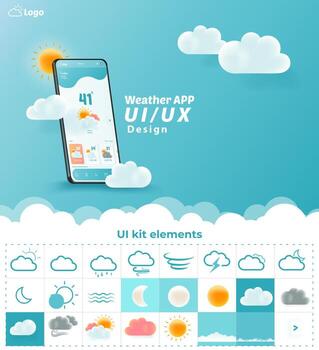 Weather App UI UX Kit Elements, Website Landing Page Vector