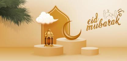 3D Realistic Podium Eid Mubarak Greetings Vector Illustration