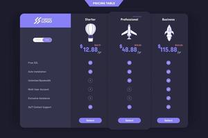 Modern pricing table design with 3 subscription plans. flat infographic pricing table design template for website or presentation vector