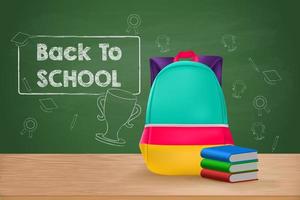Back to School, School Bag and Books on Wooden Table vector
