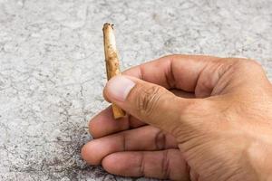 Cigarette butt in hand holding photo