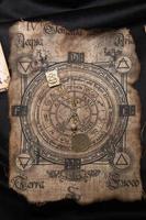 Ancient esoteric witchcraft background. Occultims and paganism old symbol, with mysterious runes alphabet photo