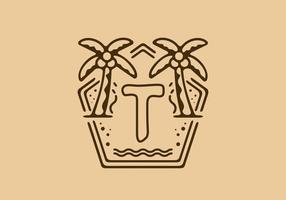 Bright and dark brown color of T initial name in beach theme frame vector