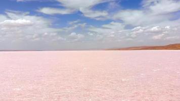 Panning view close up salt mineral particles macro on Tuz salt lake in Turkey . Tuz golu panorama with horizon in sunny summer day video