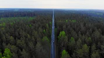 Black car drive in scenic Lithuania countryside road from aerial perspective video