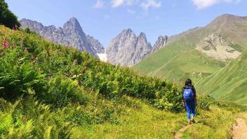 vista posteriore escursionista femminile camminare lungo il sentiero escursionismo all'aperto nel parco nazionale di kazbegi, georgia. percorso escursionistico da juta a roshka video