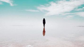 Female person silhouette walking on plain white salt lake field ground . Chromakey person in isolated background video
