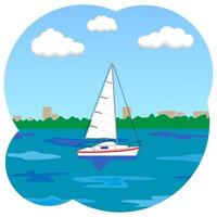 White sailboat floating on the river against the backdrop of the embankment and the city. Vector illustration