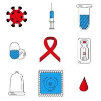 HIV or AIDS related icons. Set of 9 vector signs - virus, syringe, test tube, pills, red tape, positive express test, condom, package, drop of blood. Simple pictograms for web and mobile.