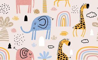 Colorful seamless pattern with cute  elephants and giraffes.