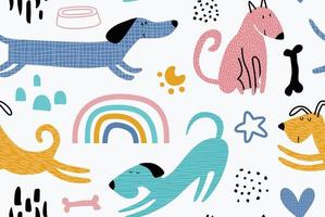 Childish seamless pattern with funny dogs. vector