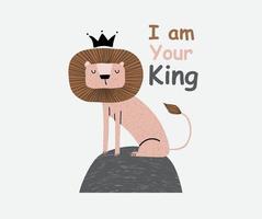 a cute funny lion in a crown. Isolated objects on white background. Scandinavian style flat design. Concept for children print. vector