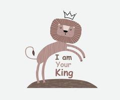 a cute funny lion in a crown. Isolated objects on white background. Scandinavian style flat design. Concept for children print. vector