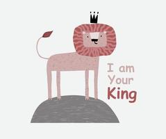 a cute funny lion in a crown. Isolated objects on white background. Scandinavian style flat design. Concept for children print. vector