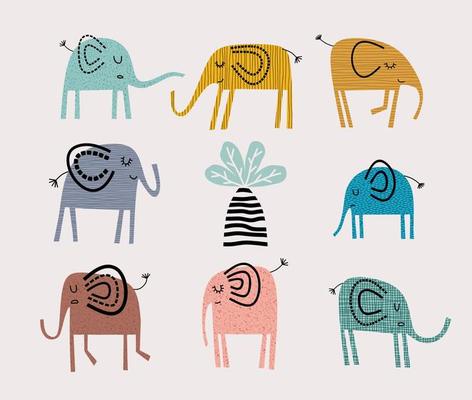 set of cartoon images of funny elephants.
