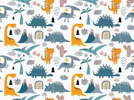 Childish seamless pattern with hand drawn dino in scandinavian style. vector