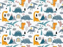 Childish seamless pattern with hand drawn dino in scandinavian style. vector