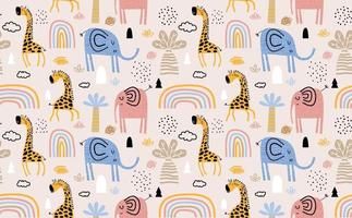 Colorful seamless pattern with cute  elephants and giraffes. vector