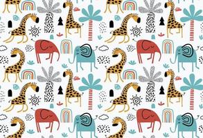 Colorful seamless pattern with cute  elephants and giraffes. vector