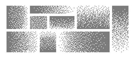 Pixel disintegration background. Decay effect. Dispersed dotted pattern. Concept of disintegration. Set pixel mosaic textures with simple square particles. Vector illustration on white background