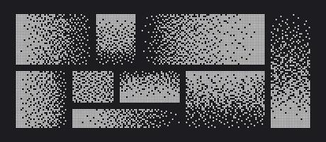 Pixel disintegration background. Decay effect. Dispersed dotted pattern. Concept of disintegration. Set pixel mosaic textures with simple square particles. Vector illustration on black background