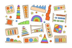 Montessori education logic toys. Children wooden toys for preschool kids. Montessori system for early childhood development. Multicolored sorters. Hand drawn vector illustrations on white background