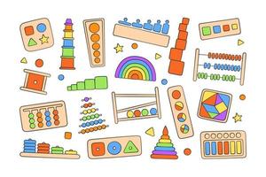 juguetes lógicos de educación montessori. juguetes de madera para niños en edad preescolar. sistema montessori para el desarrollo de la primera infancia. clasificadores multicolores. ilustraciones vectoriales dibujadas a mano sobre fondo blanco vector