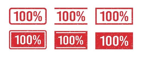 Grunge red 100 percent rubber stamp. One hundred percent seal sign. Stickers set. Grunge vintage square label. Vector illustration isolated on white background