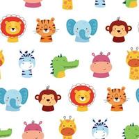 Seamless pattern with cute african animal characters. Funny kawaii lion, tiger, giraffe, elephant and crocodile. Children pattern. Faces of wild animals. Vector illustration on white background