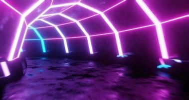 Movimento de loop sem costura de renderização 3D do túnel de néon violeta e azul.