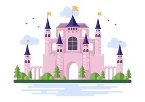 castillo con majestuosa arquitectura de palacio y cuento de hadas como paisaje forestal en ilustración de estilo plano de dibujos animados
