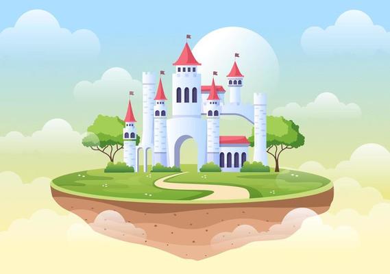 Castle with Majestic Palace Architecture and Fairytale Like Forest Scenery in Cartoon Flat Style Illustration