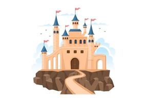 castillo con majestuosa arquitectura de palacio y cuento de hadas como paisaje forestal en ilustración de estilo plano de dibujos animados vector