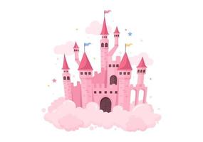 castillo con una majestuosa arquitectura de palacio y un paisaje de cuento de hadas en una ilustración de estilo plano de dibujos animados vector