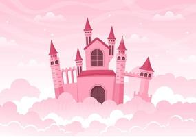 castillo con una majestuosa arquitectura de palacio y un paisaje de cuento de hadas en una ilustración de estilo plano de dibujos animados vector