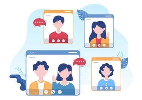 Conference Video Call by Remote Communication with Online Friends using a Smartphone or Computer via a Webcam for Working From Home in Flat Style Cartoon Illustration vector