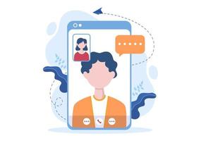 Conference Video Call by Remote Communication with Online Friends using a Smartphone or Computer via a Webcam for Working From Home in Flat Style Cartoon Illustration vector