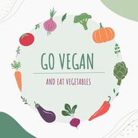 iconos de verduras y hierbas, eslogan vegano. concepto de comida saludable, tiendas de productos veganos naturales y mercado orgánico. vector