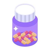 icono editable de tarro de pastillas, vector isométrico de antibiótico,