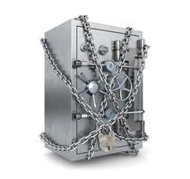 Well-secured small steel safe protected with chain and padlock, 3d illustration photo