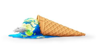 calentamiento global. planeta como helado derritiéndose sobre un fondo blanco. ilustración 3d foto